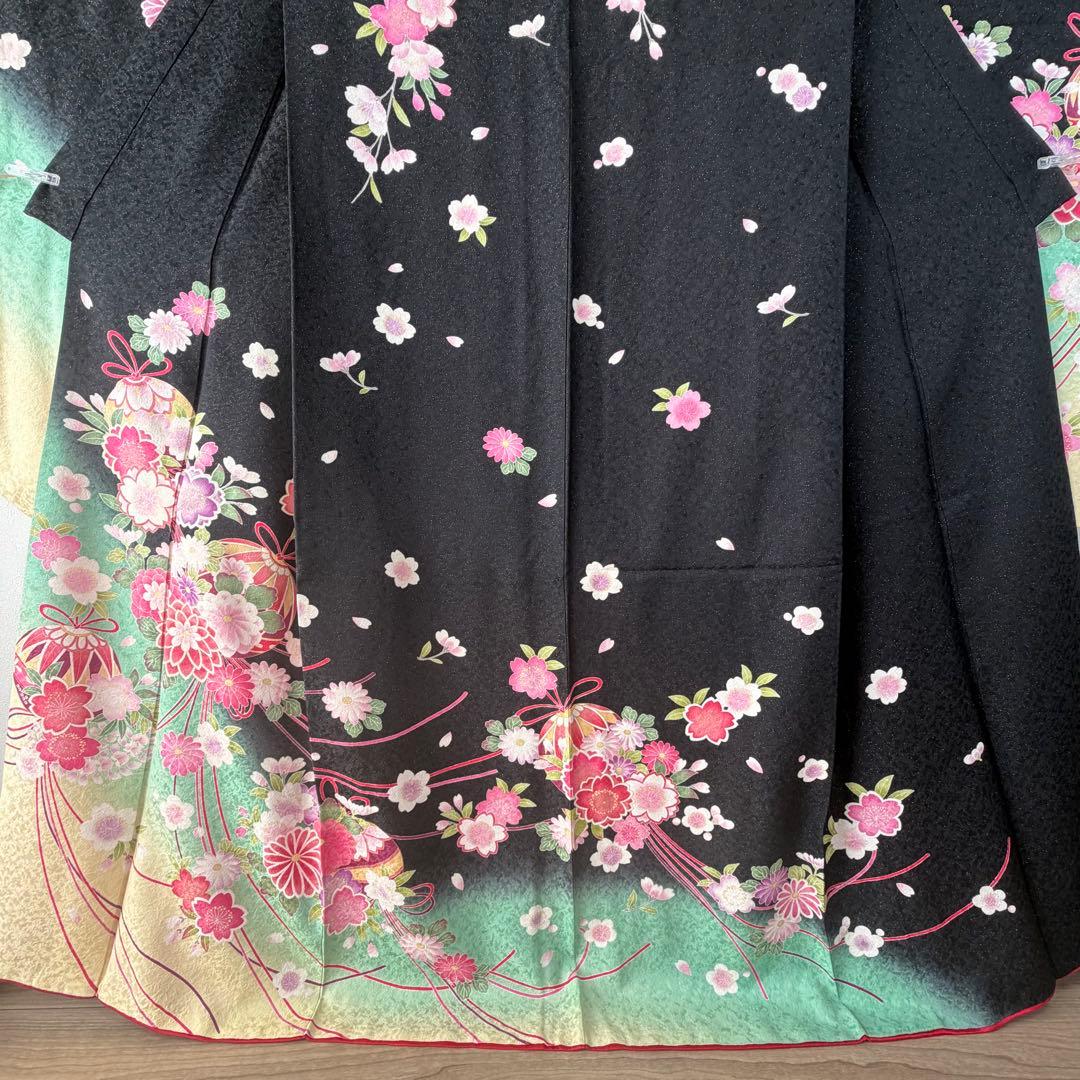 超美品　振袖　現代　成人式　着物　黒　ミント　ピンク　172裄68 トール　桜柄