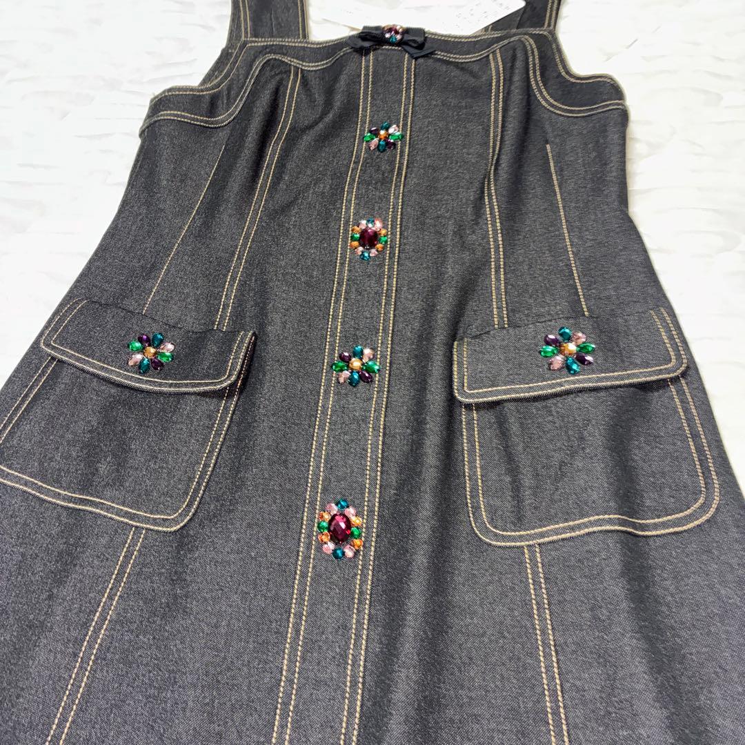 新品 タグ付き デニムワンピース 42 ビジューボタン スーパービューティー