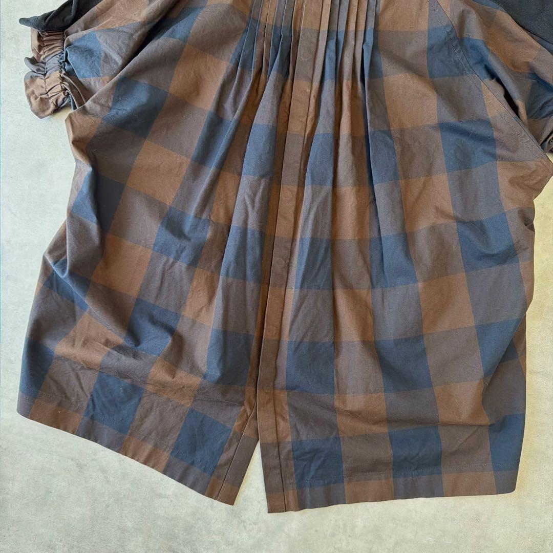 sacai 異素材切替 半袖カットソー ドッキング チェック バックプリーツ 3