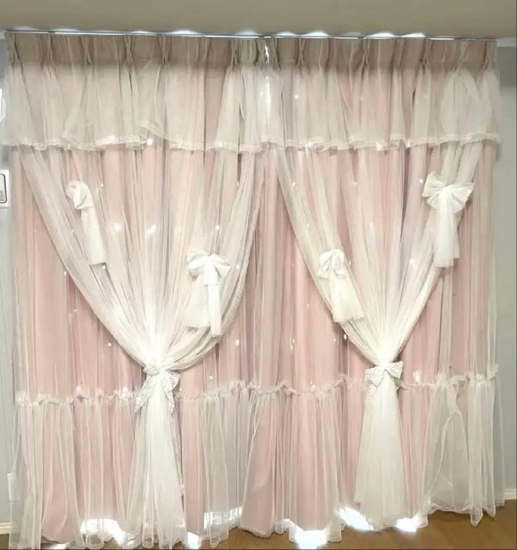 姫系　カーテン　ドレープ　レース　1級遮光　ピンク　極美品