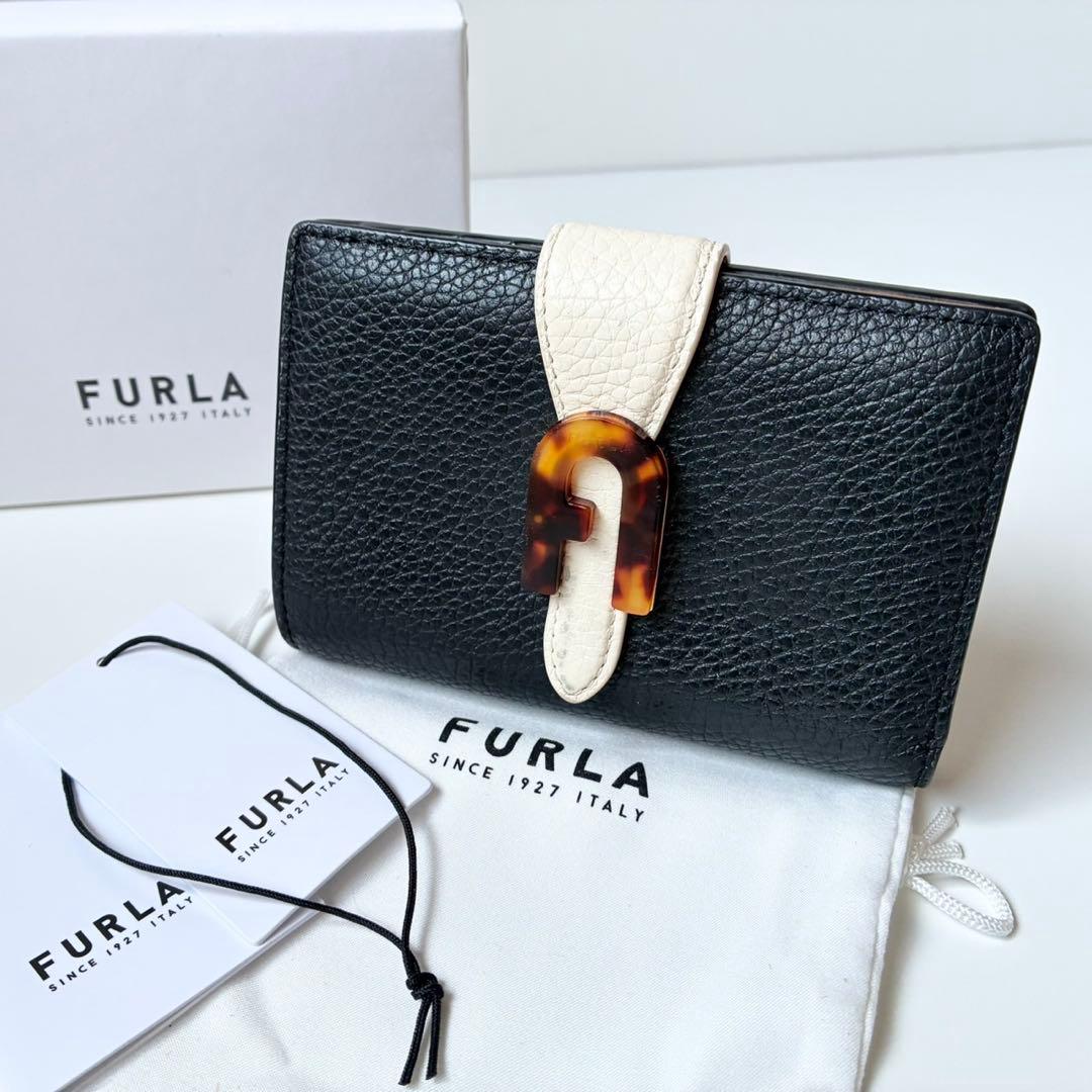 【極美品】FURLA 二つ折り財布 ソフィア グレイニー べっ甲 黒 レザー