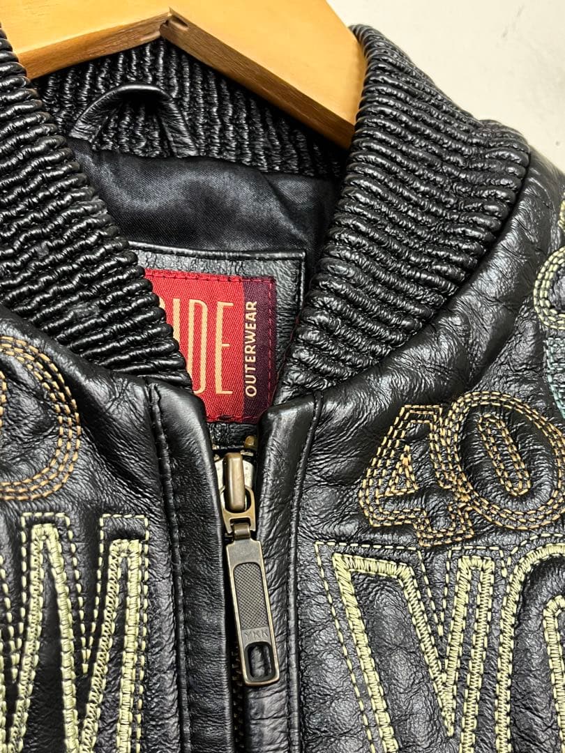EAST SIDE NEW YORK 総柄刺繍 レザージャケット 黒 L MA1