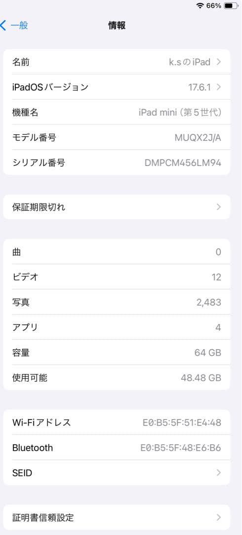 Apple iPadmini第五世代シルバーバッテリー86%