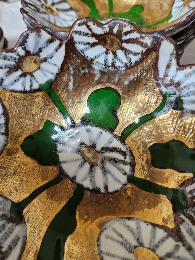 清水焼　花柄の緑と金のボウルセット