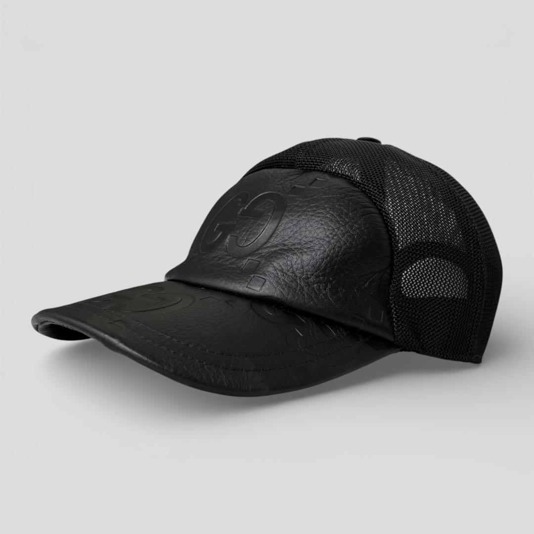 美品 グッチ ジャンボGG レザー キャップ メッシュ ブラック 帽子 L