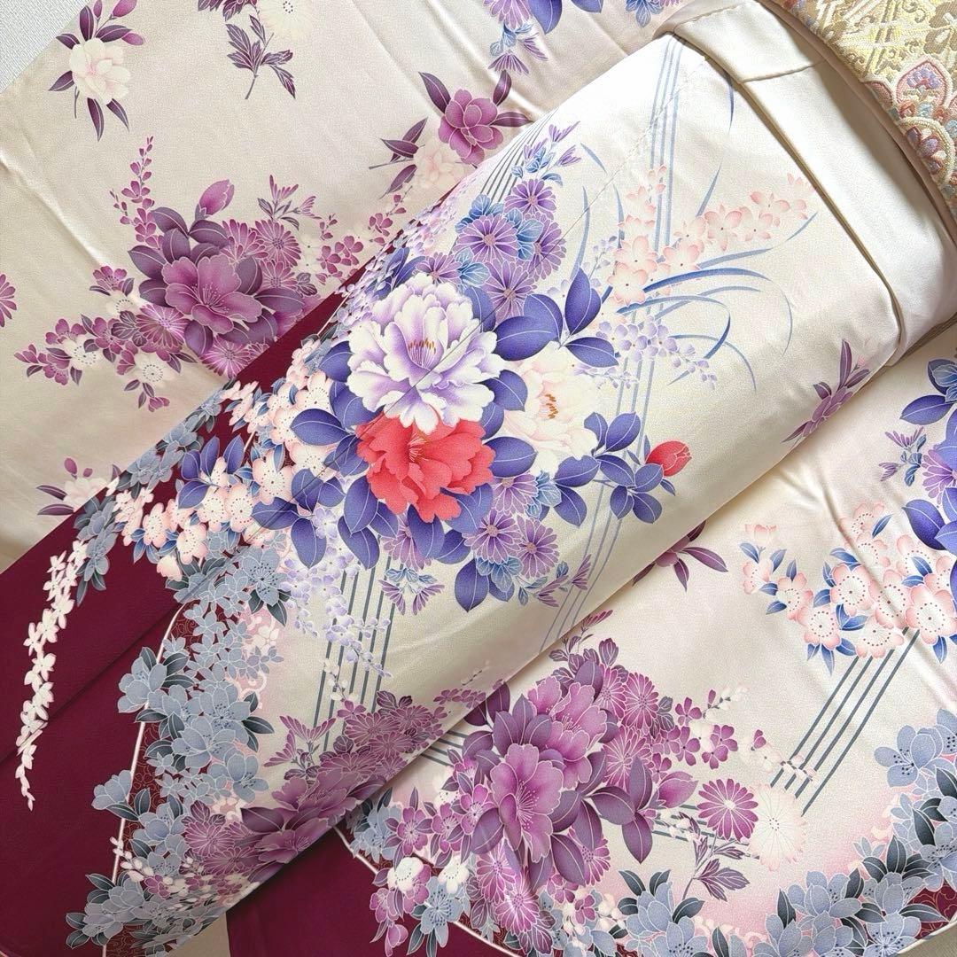 38 振袖フルセット 正絹 赤紫 ワインレッド 白 金彩 暈し染め 華やか 上品