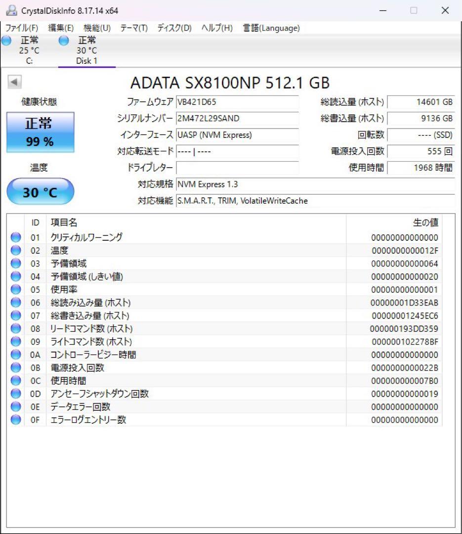 XPG SX8100NP 512GB M.2 2280 SSD 1968時間