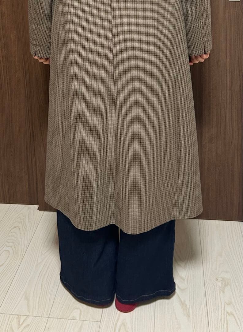 【美品】IÉNAイエナ ブラウン チェック ロングコート ノーカラー サイズ36