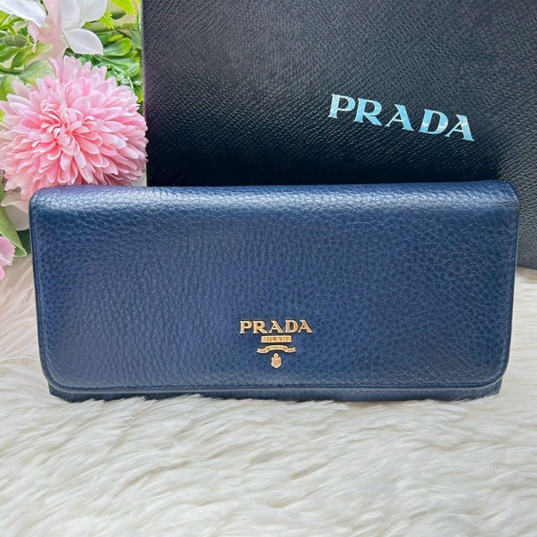 希少✨PRADA ヴィッテロダイノ 長財布 金ロゴ レザー ネイビー