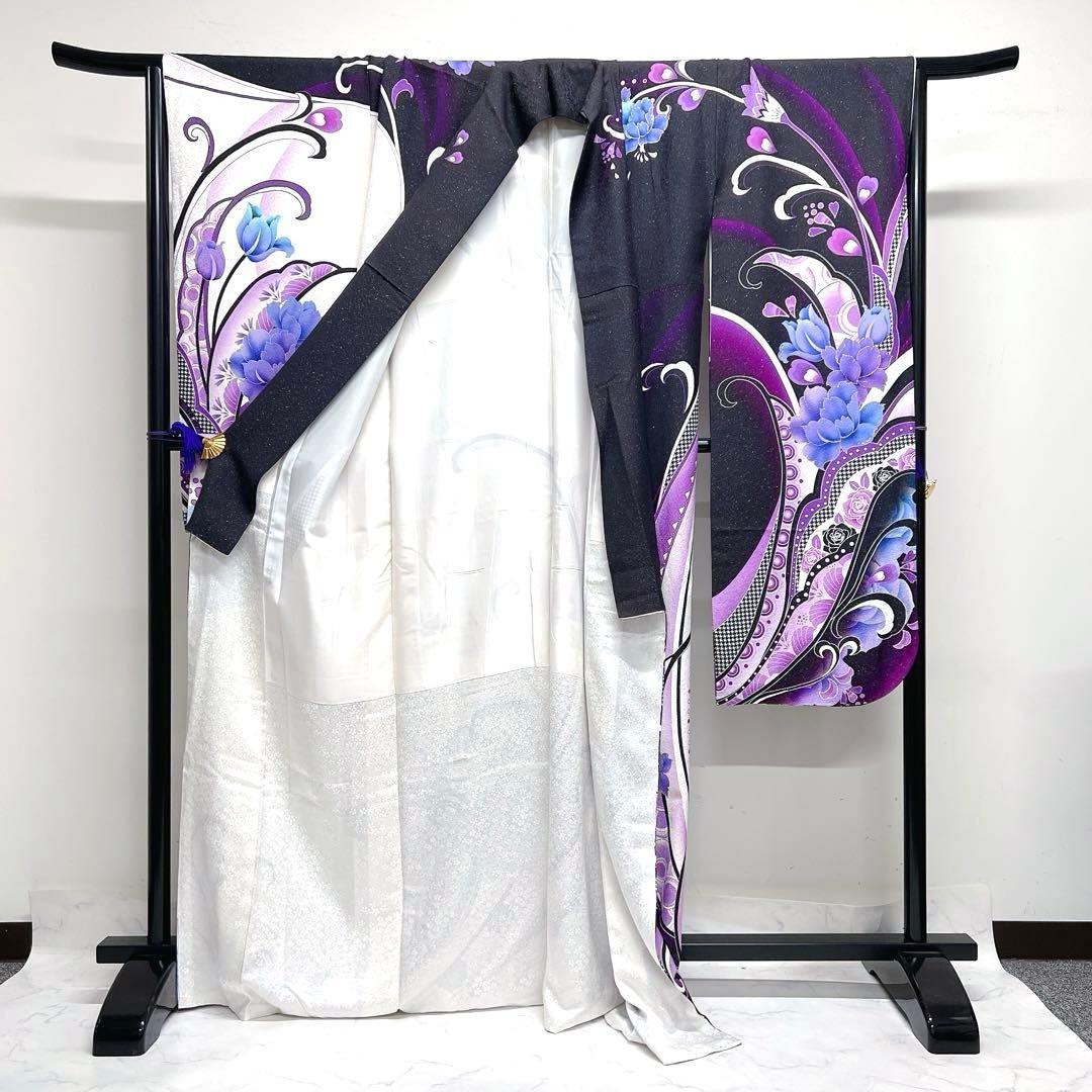 振袖　牡丹　薔薇　ストーン　金彩　千鳥格子　流線　着物　040k
