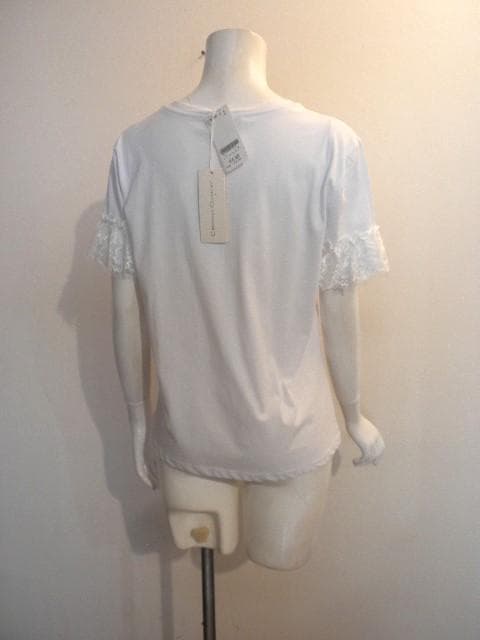 イタリー製【CRISTINA GAVIOLI】可愛いレース袖！白コットンＴシャツ
