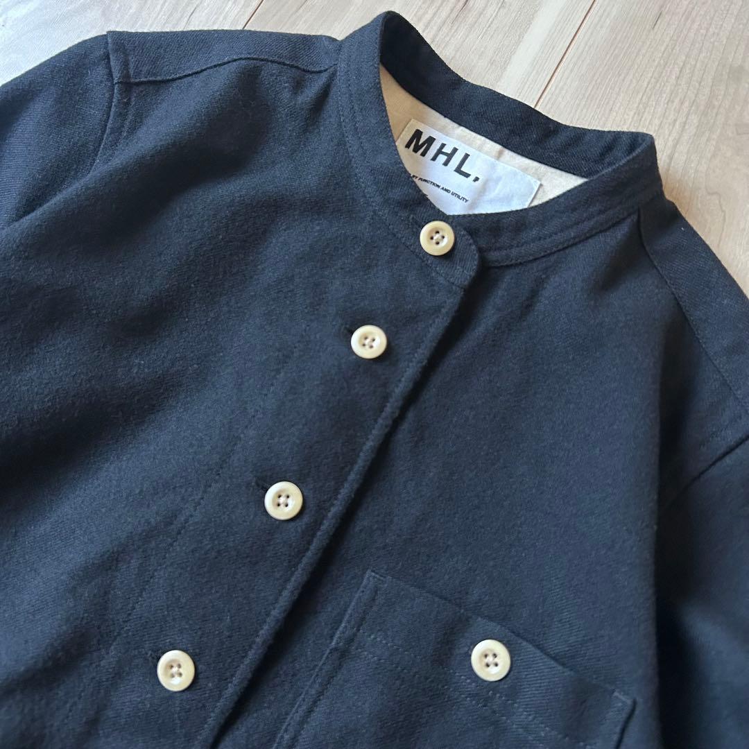 美品＊MHL. コットンウール 黒 バンドカラー ツイルワンピース 1