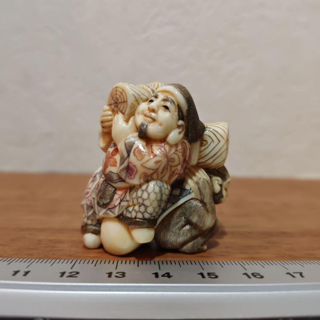 時代提物 七福神根付 天然素材 在銘【大黒様と猿】高4.5cm重39ｇ☆縁起物☆