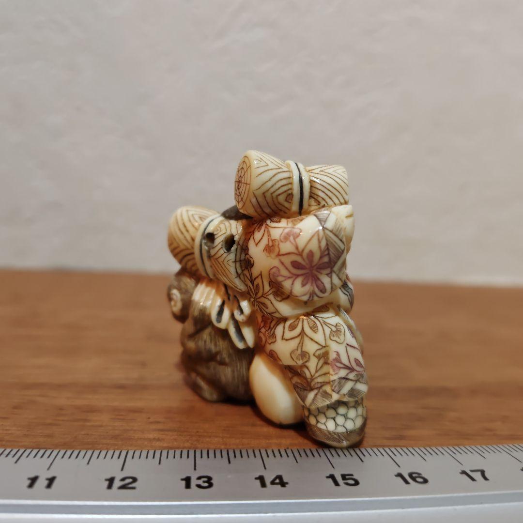 時代提物 七福神根付 天然素材 在銘【大黒様と猿】高4.5cm重39ｇ☆縁起物☆