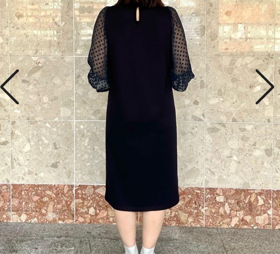 極美品◎銀座マギー　シアー ドット スリーブ ワンピース　ネイビー　38 現行品
