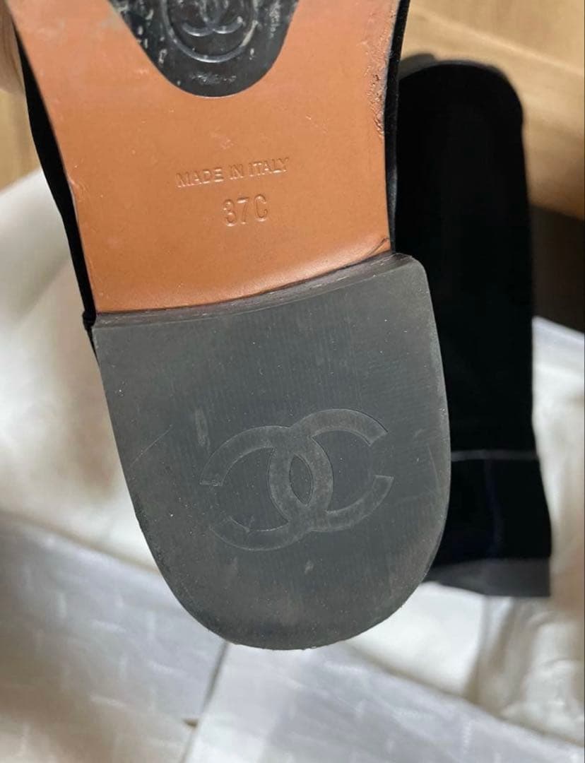 CHANELシャネルロングブーツブラックベルベットレザーフラットCCロゴ37C