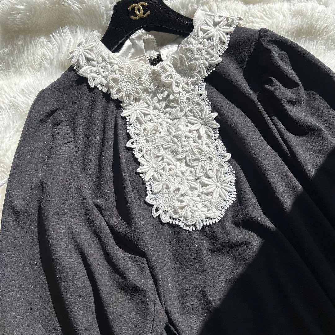 【美品】Rose Tiara レース襟 フレアワンピース 46 大きいサイズ 黒