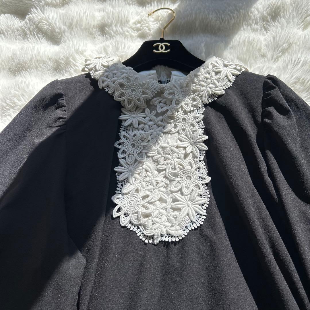 【美品】Rose Tiara レース襟 フレアワンピース 46 大きいサイズ 黒