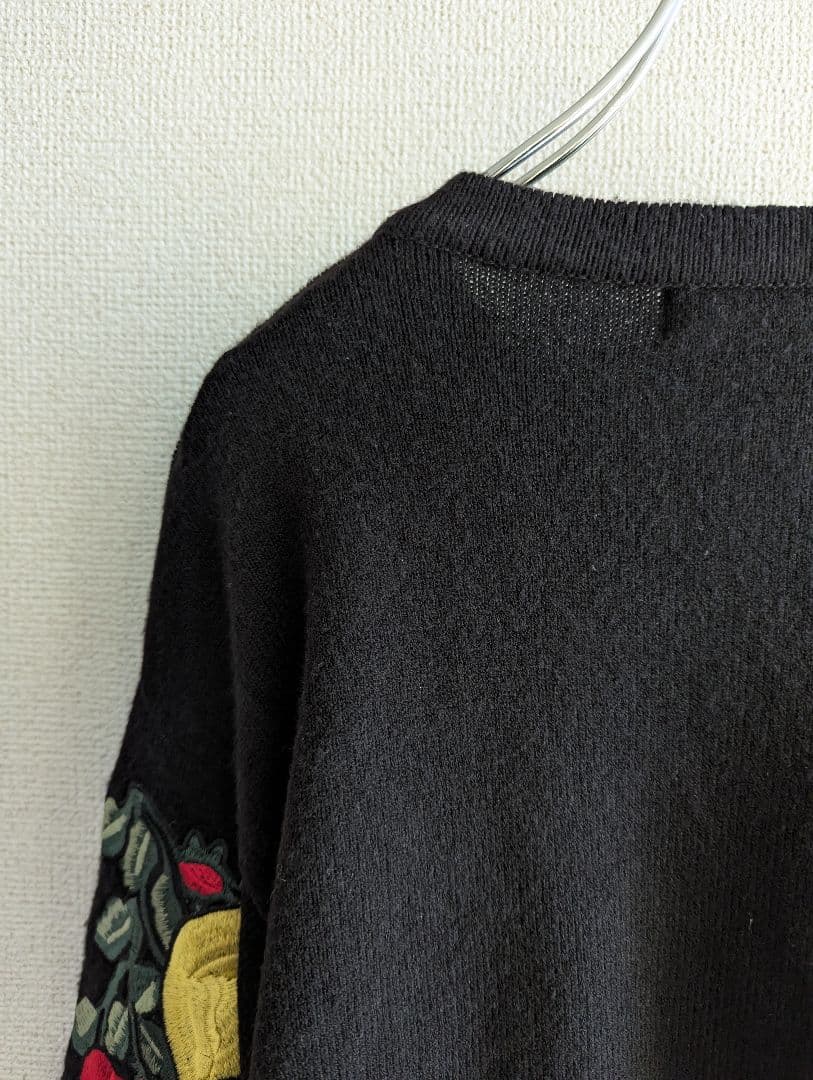 【美品】Super Beauty 花刺繍ニットカーディガン黒　パフスリーブXL