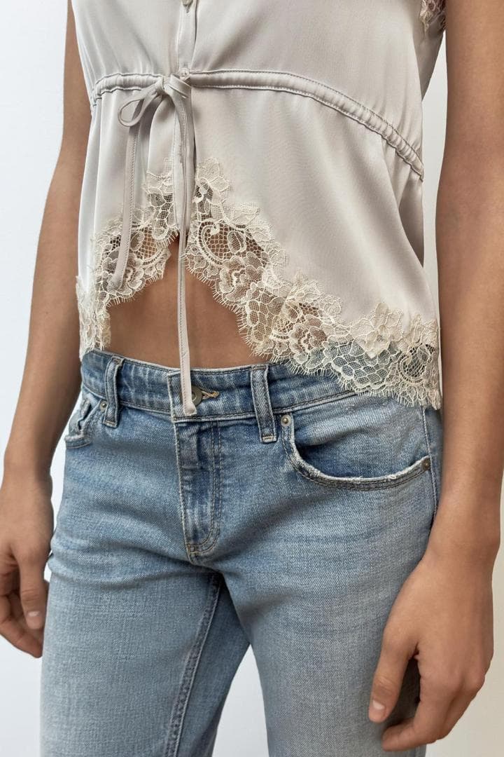 ザラ サテン レースキャミソール パールグレー XS ZARA