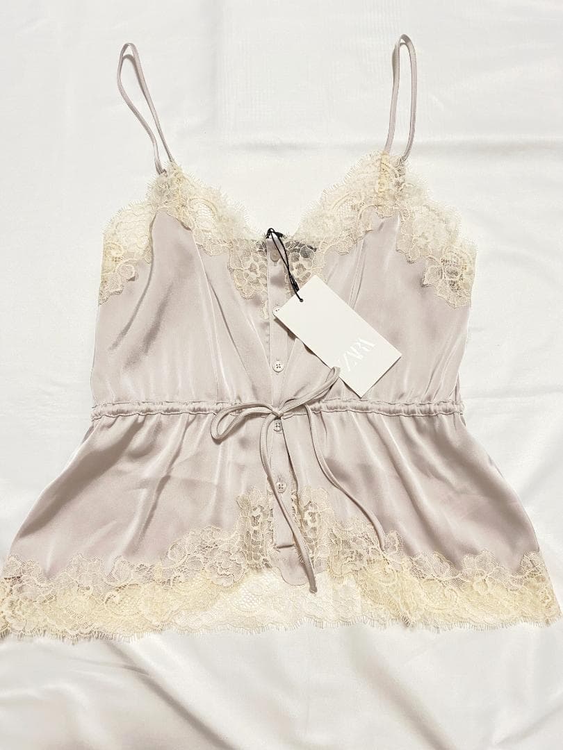 ザラ サテン レースキャミソール パールグレー XS ZARA