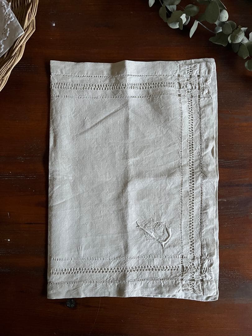 ◆フランスアンティーク｜大きな布ポーチB、イニシャル刺繍、リネン麻、旅行ポーチ