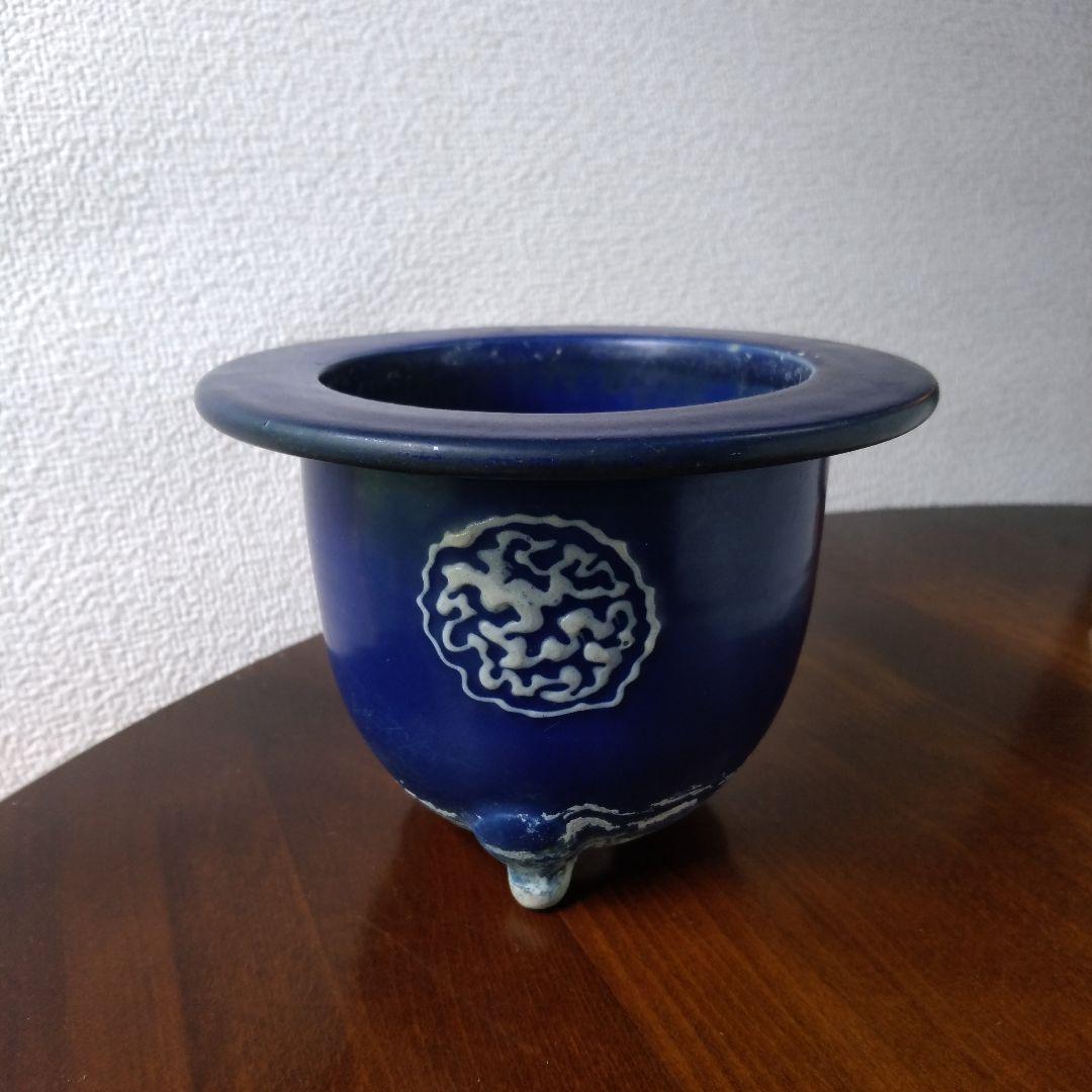 瀬戸　瑠璃釉貼付桔梗文　植木鉢　骨董