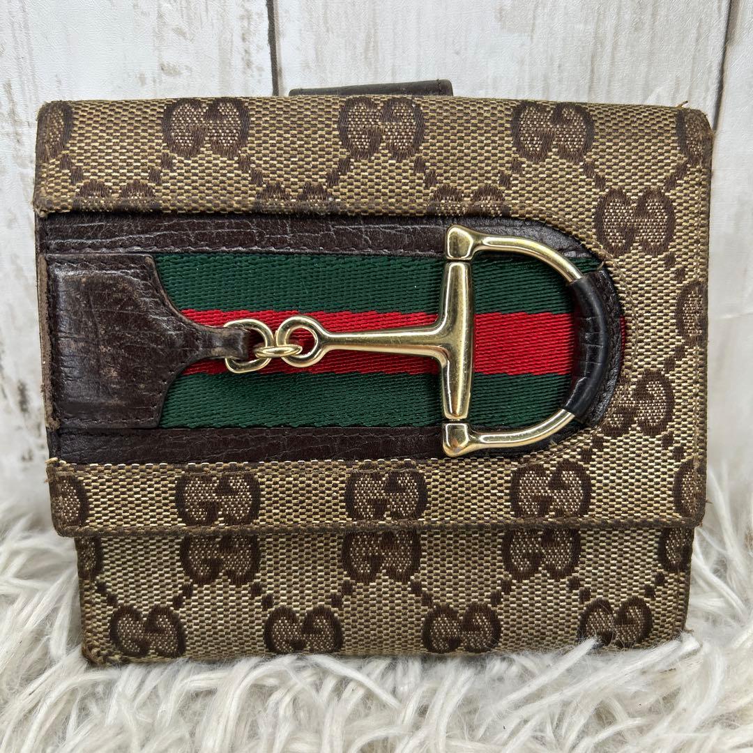 GUCCI シェリーライン　ホースビット　GGキャンバス　二つ折り財布　財布