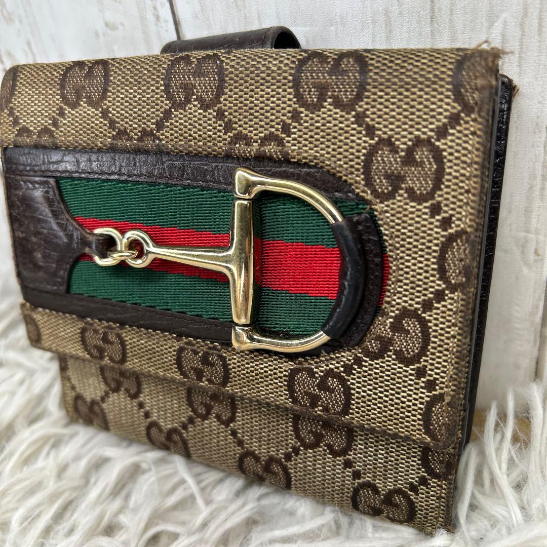 GUCCI シェリーライン　ホースビット　GGキャンバス　二つ折り財布　財布