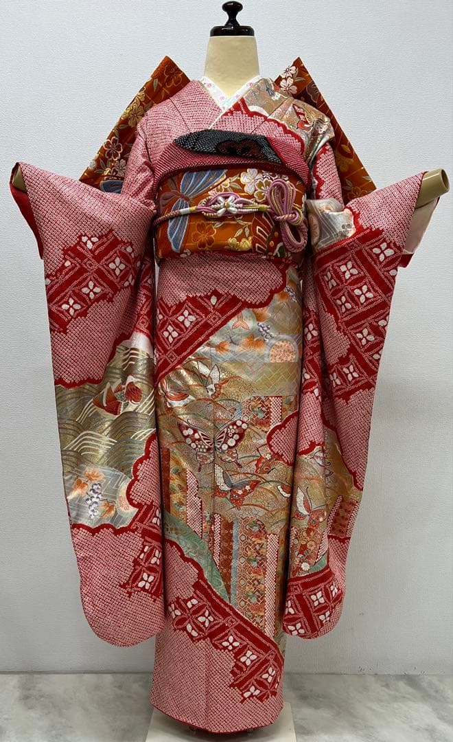 総絞り　振り袖　フルセット　ショール付　金彩加工　全通唐織丸帯　長尺帯締　823