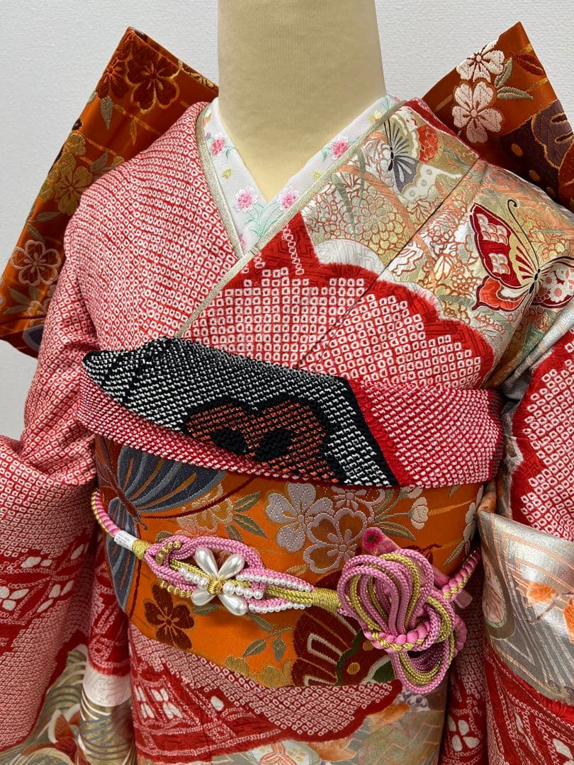 総絞り　振り袖　フルセット　ショール付　金彩加工　全通唐織丸帯　長尺帯締　823