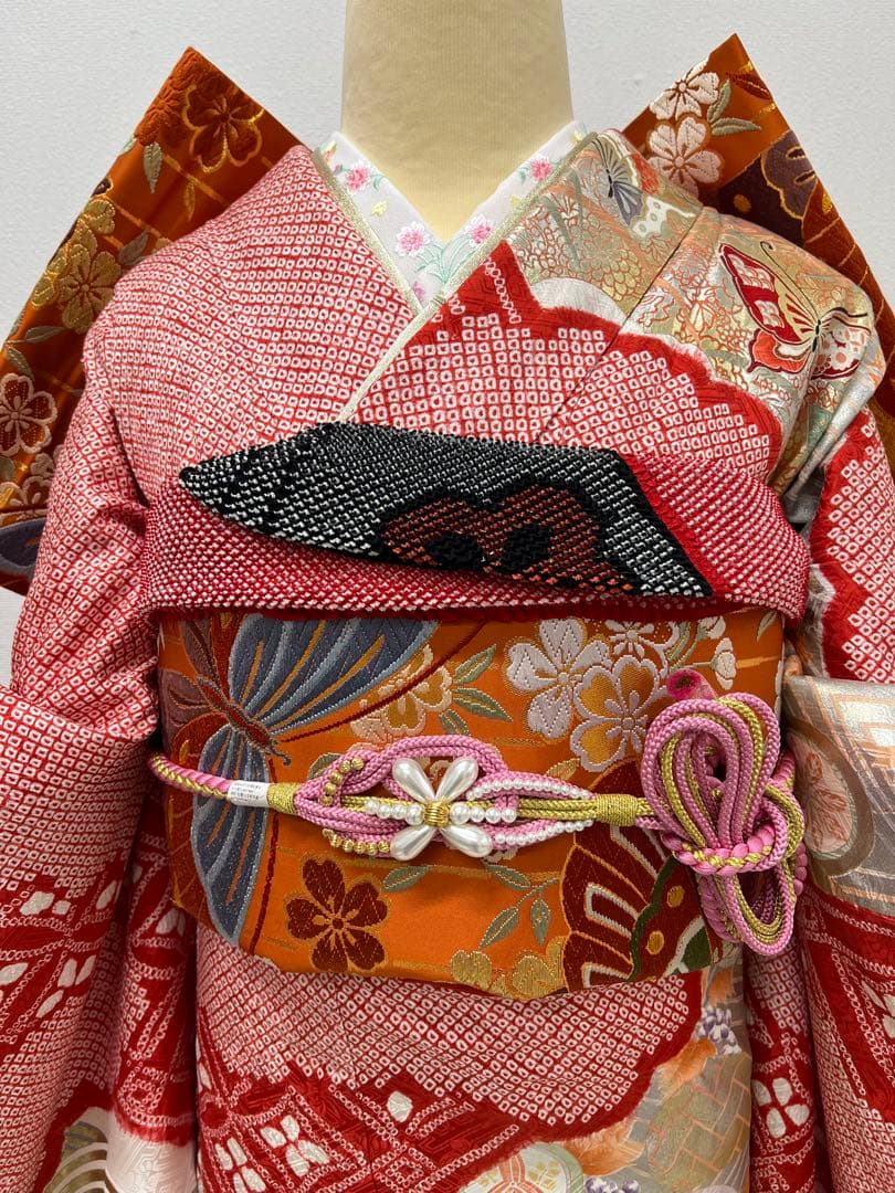 総絞り　振り袖　フルセット　ショール付　金彩加工　全通唐織丸帯　長尺帯締　823