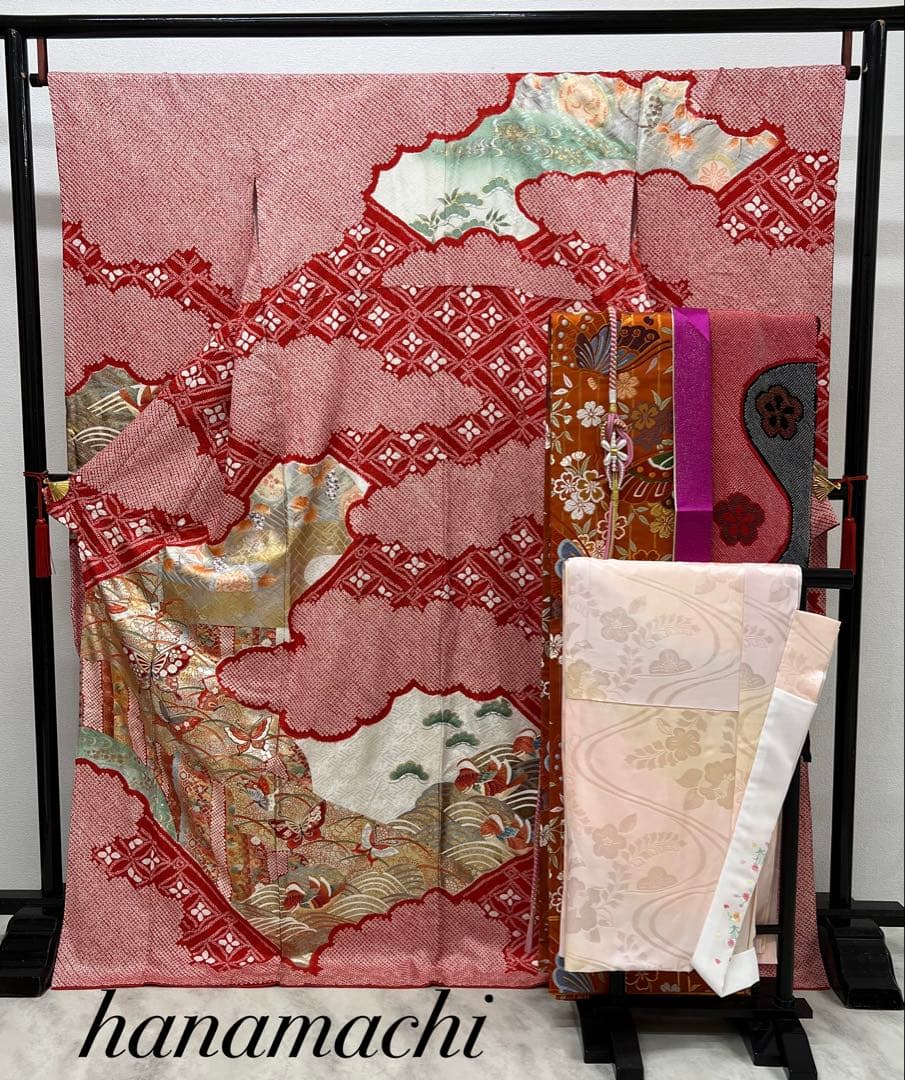 総絞り　振り袖　フルセット　ショール付　金彩加工　全通唐織丸帯　長尺帯締　823