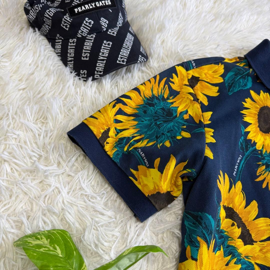 【パーリーゲイツ】美品 ポロシャツ ネイビー ひまわり 5サイズ メンズ