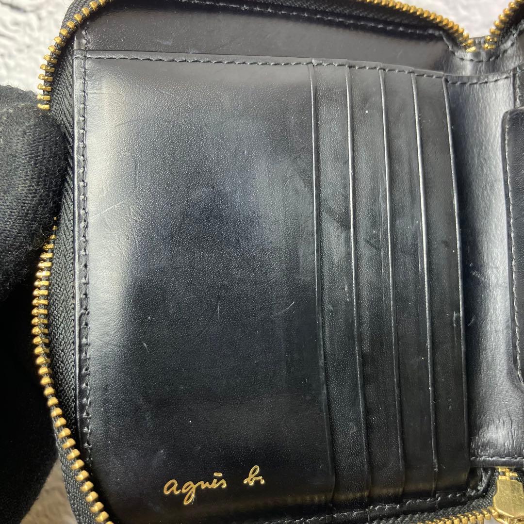 美品✨アニエスベー 本革 シボ革 レザー ラウンドファスナー 二つ折り財布 黒