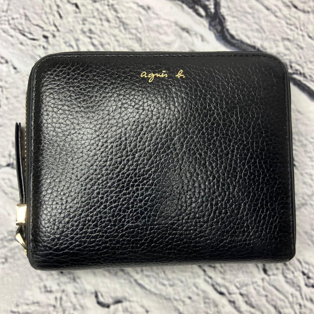美品✨アニエスベー 本革 シボ革 レザー ラウンドファスナー 二つ折り財布 黒