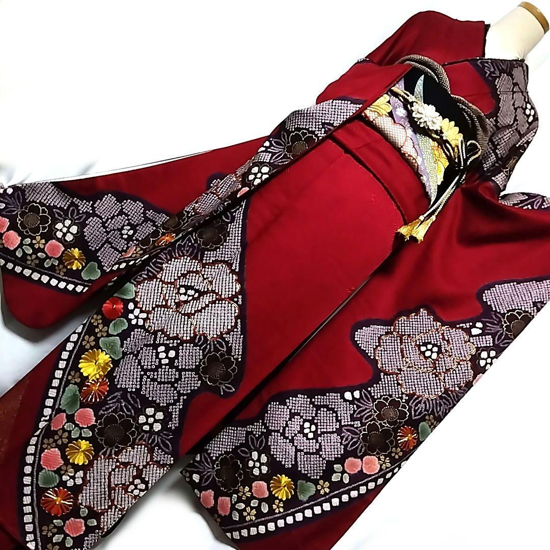 振袖 赤 絞り 刺繍 地紋 成人式 駒刺繍 セット 袋帯