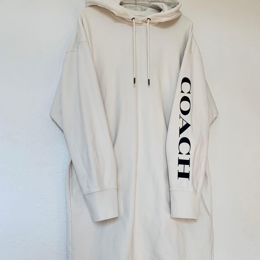 COACHコーチ袖ロゴスウェットワンピースXS膝丈エッセンシャルフーディーM相当