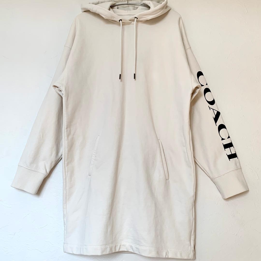 COACHコーチ袖ロゴスウェットワンピースXS膝丈エッセンシャルフーディーM相当