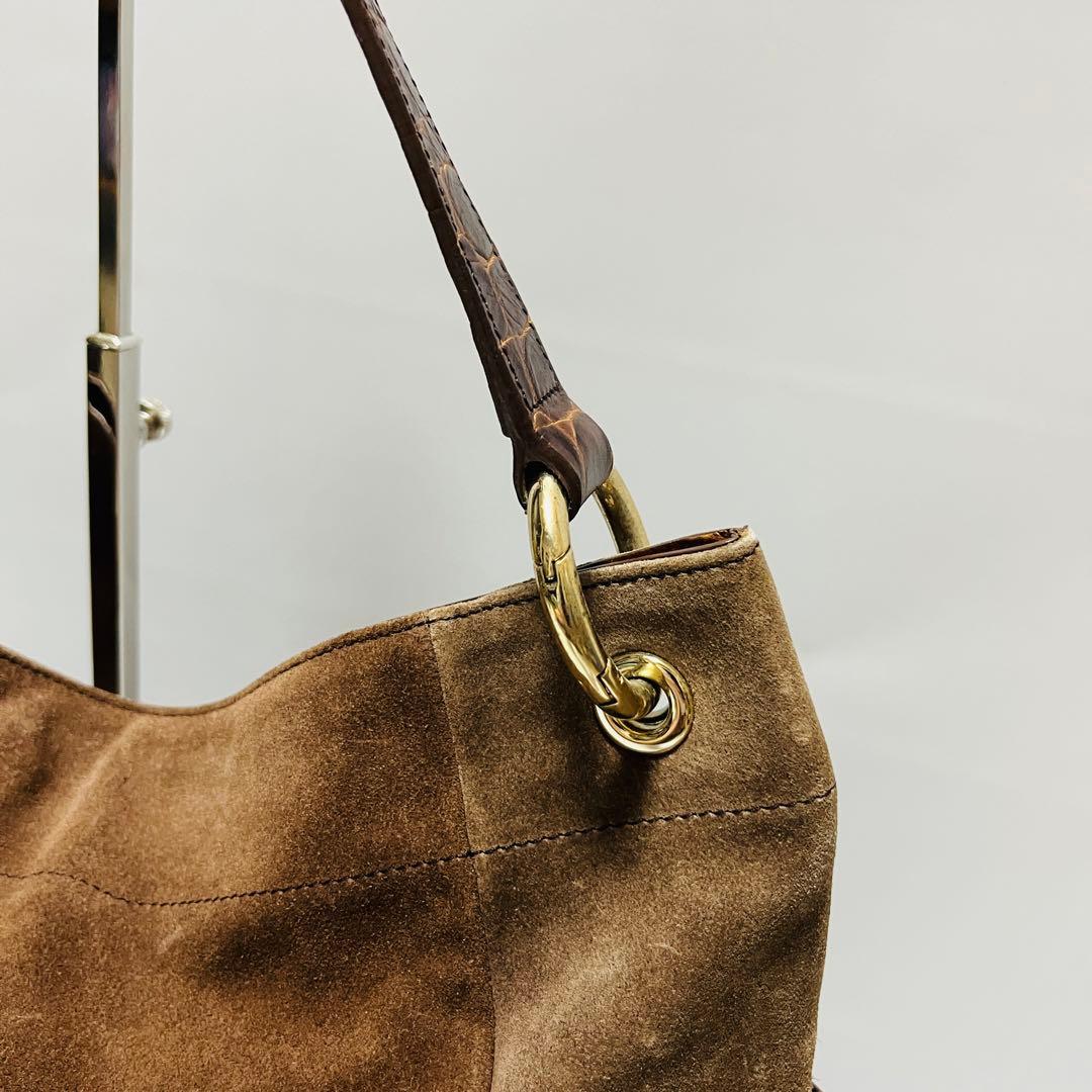 FURLA クロコ スエード レザー ハンドバッグ ブラウン ゴールド金具