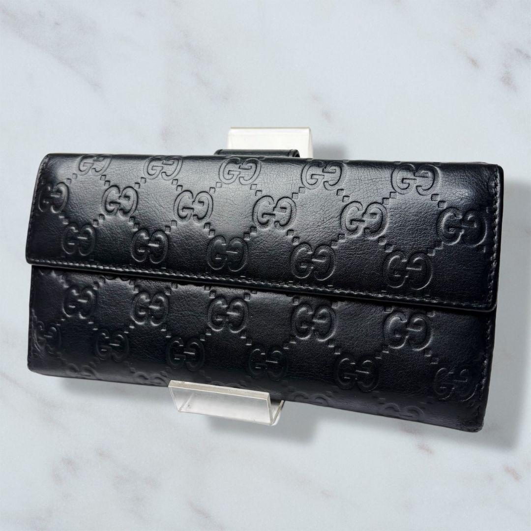 47 美品 GUCCI 長財布 二つ折り財布 シマ レザー 黒 n3