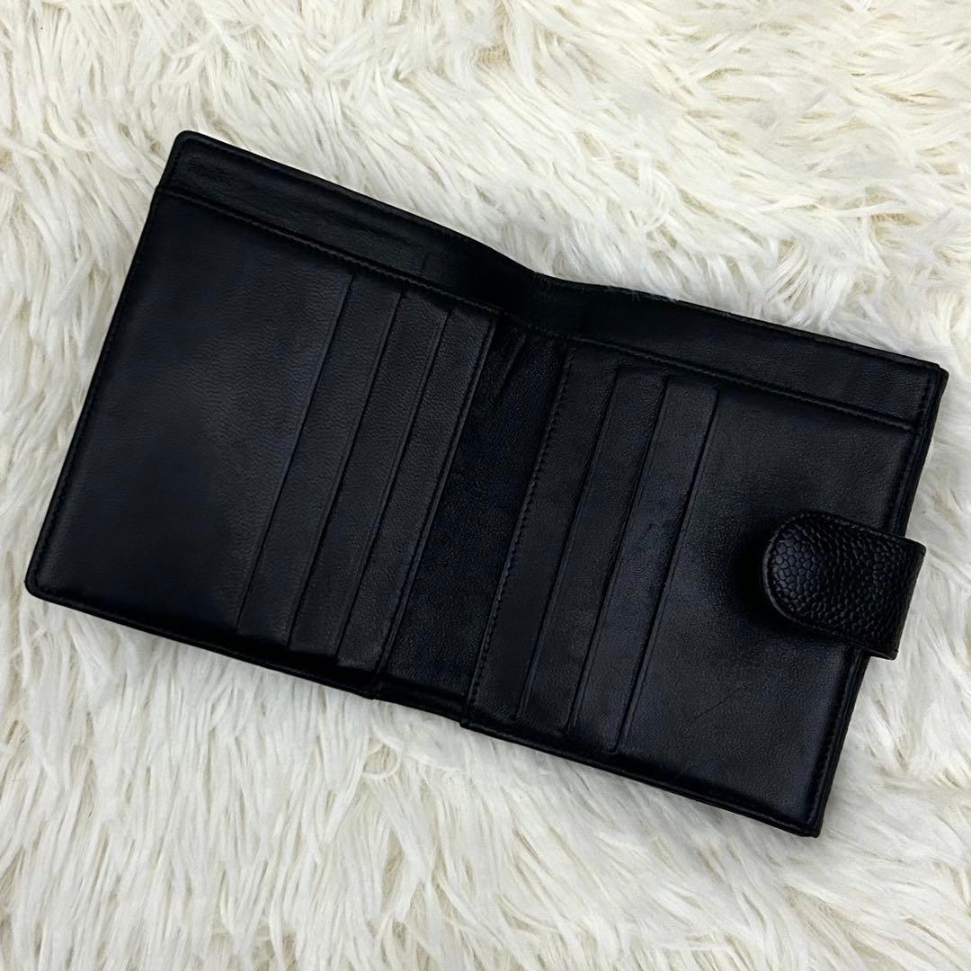 【美品】CHANEL キャビアスキン ココマーク 二つ折り財布 ブラック