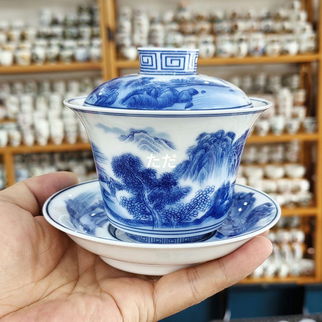 中国茶器 青花三才蓋碗 湯飲み 煎茶器 茶道具 新品未使用