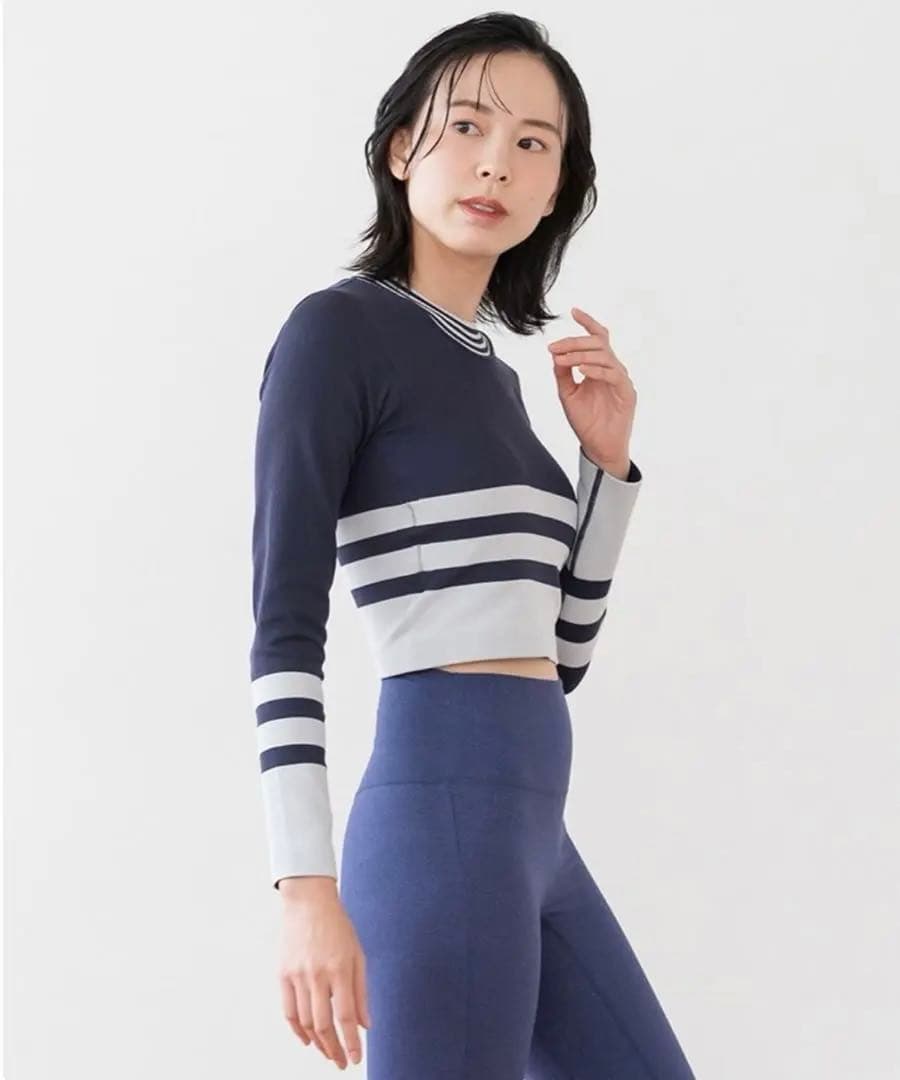 【美品】LAVA カップ付きボーダーニットロングスリーブトップス ネイビー L
