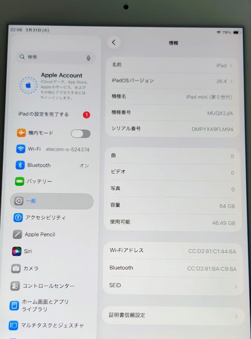 バッテリー94%【iPad mini 5世代 64GB WiFi】