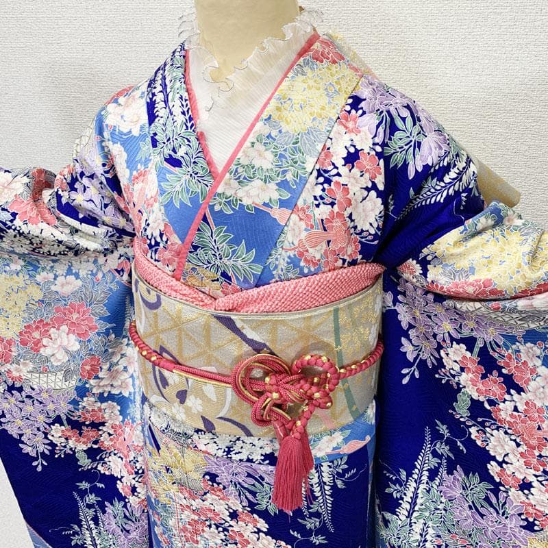 むぎこ602z54.401u59☆中振袖 古典柄 地紋 小紋柄 青☆美品