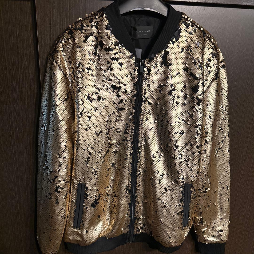 新品珍品✨ゴールド×ブラック スパンコールジャケット ZARA L