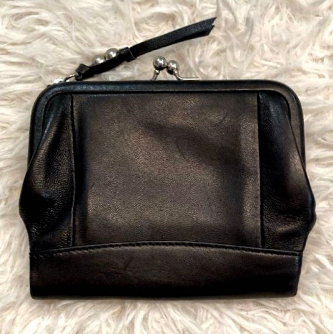 【美品】perche エアリーゴート　外がま口　2つ折り財布 黒