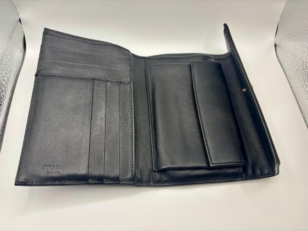 PRADA プラダ 三つ折り財布 キャンバス レザー 三角ロゴプレート ブラック