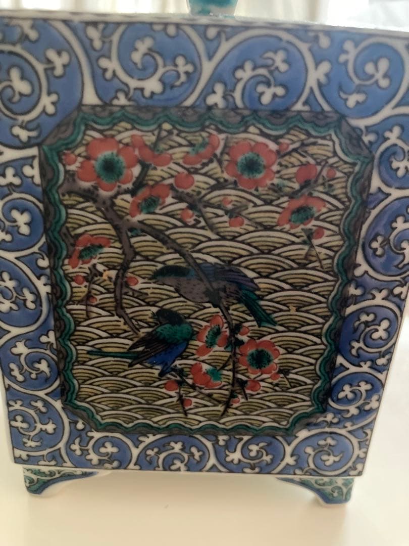 九谷焼 香籠 九谷 花鳥唐草 角香炉 白雅作